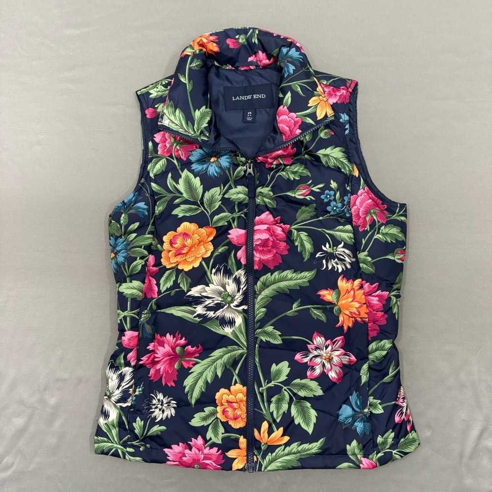 Lands End Floral Down Fill Puffer Vest XS 2 4 Zip Up Navy Blue Colorful Quilted